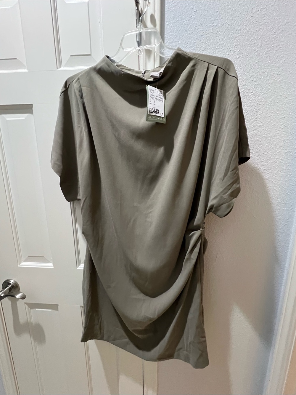 H&M Draped Ruched Side Mini Dress Olive/Taupe Green XL New w/ Tags (see pics)